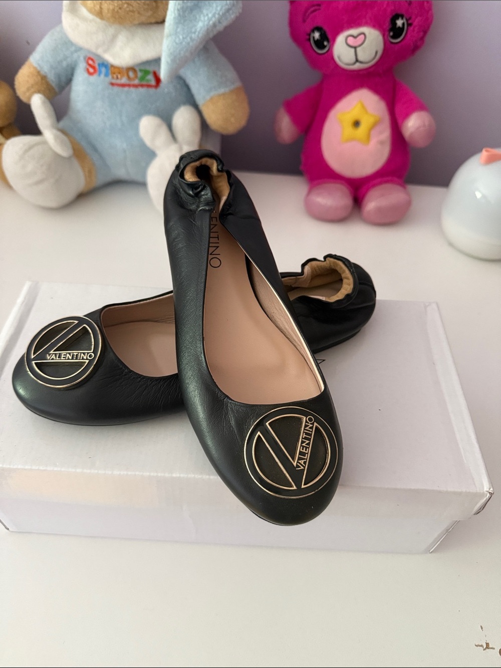 Valentino Black Leather Logo Ballet Flats with Gold Medallion